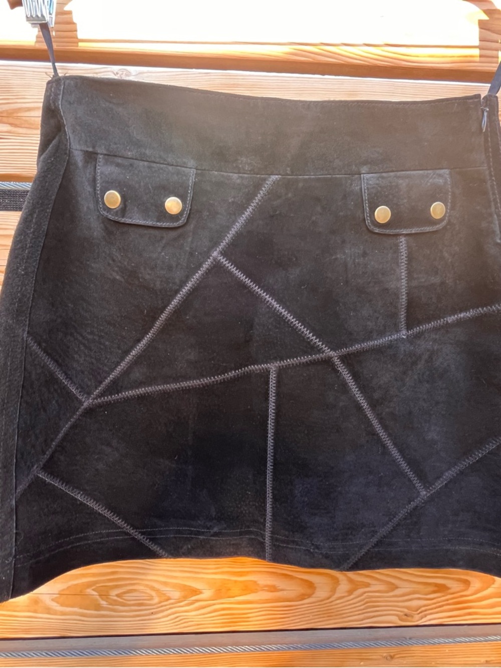 Black Suede Patchwork Mini Skirt with Gold Buttons